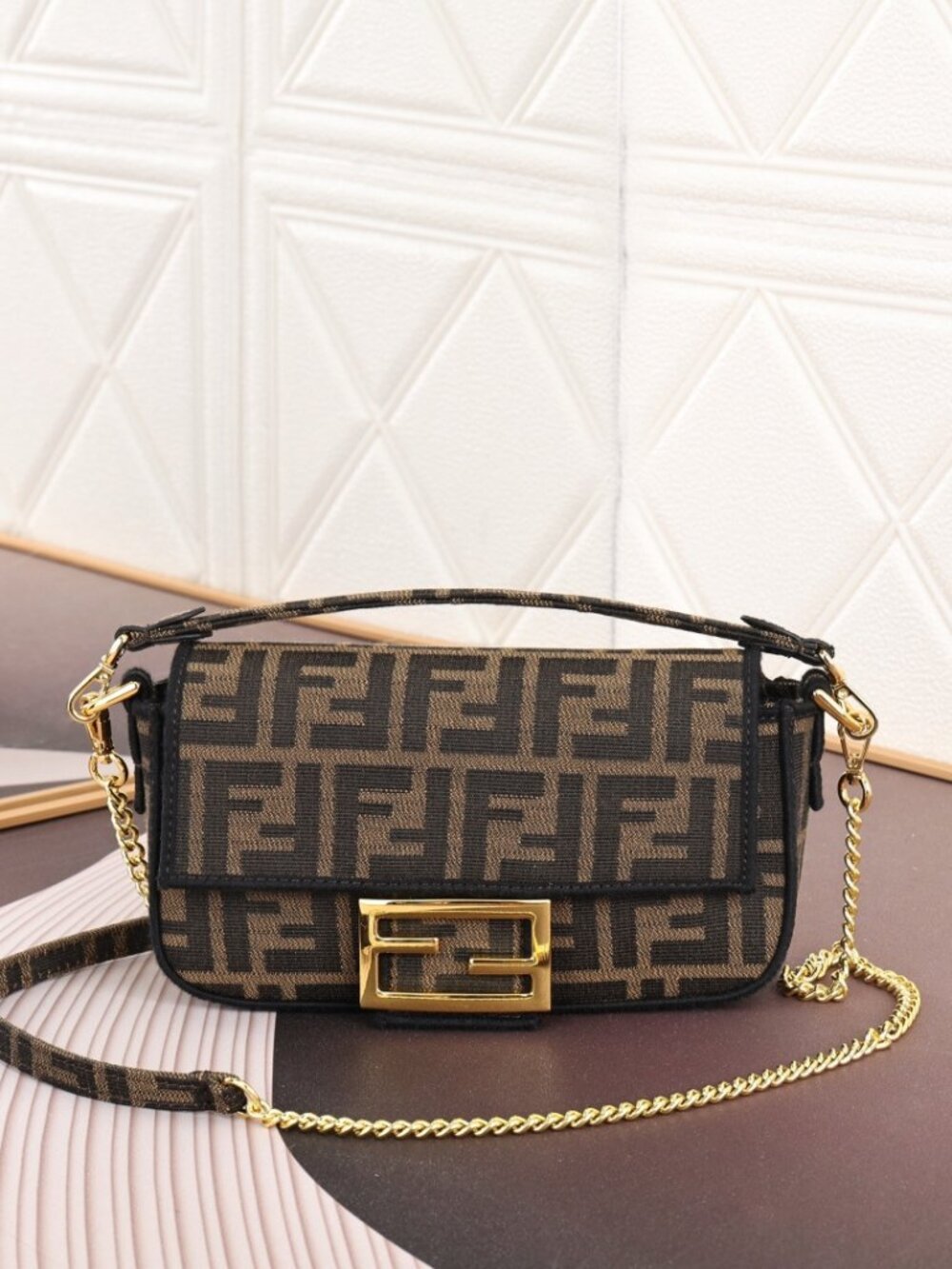 "Fendi Tobacco Zucca Print Canvas Mini Baguette Crossbody Bag"